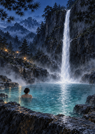 A waterfall descends a dark mountain cliff into a turquoise pool, with a small bather in the foreground, misty pines, and warm path lights.