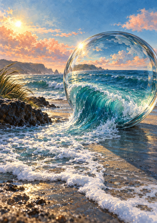 A transparent glass sphere on a rocky shore contains a curling turquoise wave, with white foam, coastal grass, headland, and warm sky.