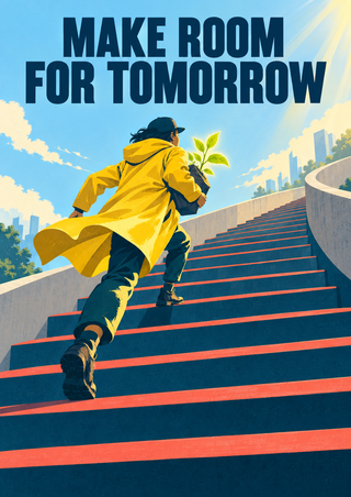 A figure in a yellow raincoat runs up coral-edged stairs carrying a green seedling beneath the headline Make Room for Tomorrow.