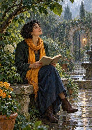 Woman with short dark curls reading an open book on a stone bench in a rain-soaked garden, wearing a marigold scarf.