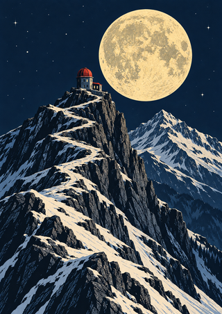 Small red-domed building on a snowy alpine ridge beneath a large pale-gold full moon and sparse stars.