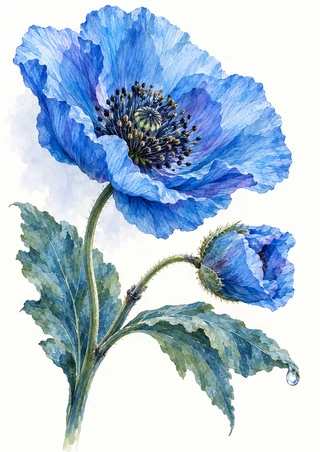 Large blue poppy with a dark center, smaller half-closed bloom, blue-green leaves and a droplet hanging from a leaf tip.