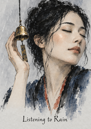 Adult woman with closed eyes and a raised hand beside a suspended brass bell, with diagonal rain marks and title at the bottom.