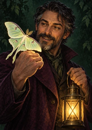 Bearded man in a plum coat looking at a pale green luna moth beside a glowing brass lantern in a dark leafy setting.