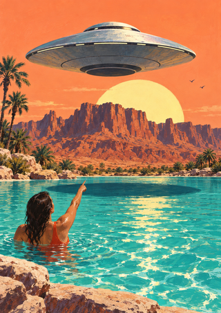 Swimmer pointing from a turquoise pool toward a silver flying saucer over a desert oasis.