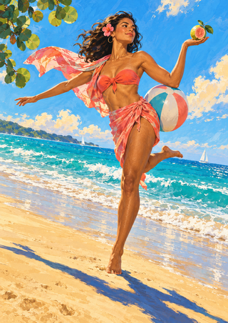 Adult woman in coral beachwear balances a halved guava while stepping on sand beside turquoise water, with a striped ball at her hip.