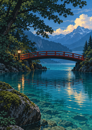 Red arched footbridge and glowing lantern over turquoise water, with dark trees, rocky banks and distant blue mountains.