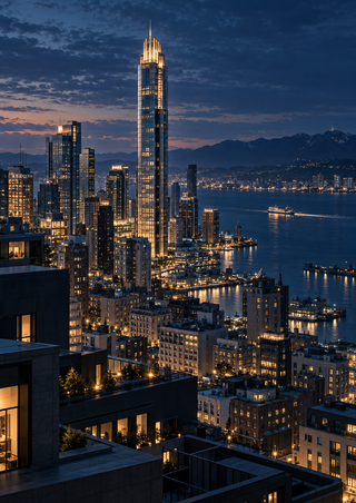 Illuminated harbor skyline at twilight with a slender glass tower, reflective water, a small ferry and distant mountains.