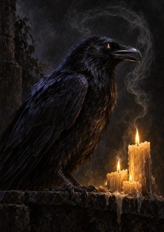 Black raven in profile beside three lit, melting ivory candles on a rough stone ledge, with smoke curling behind its head.
