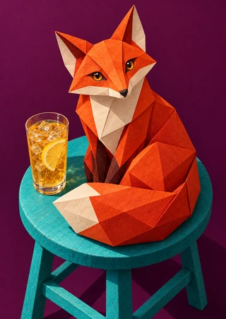 Faceted orange-red fox seated on a turquoise stool beside a glass of iced golden citrus drink with a lemon slice.