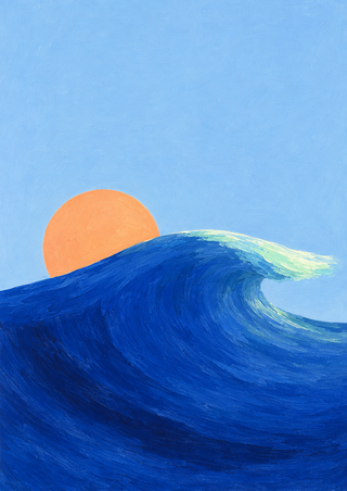 Broad ultramarine wave curling beneath a partly hidden apricot sun, with a pale mint highlight against a light-blue sky.