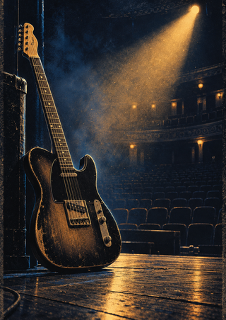 Dark electric guitar leaning beside a theater stage, with empty seats and an amber spotlight cutting through indigo haze.