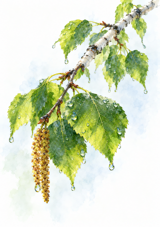 Rain-dappled green leaves and a long golden-brown catkin on a diagonal pale birch branch against a light background.