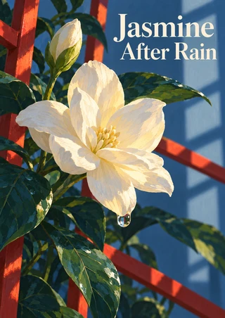 Large ivory jasmine flower with an unopened bud and hanging droplet among glossy leaves and red trellis bars; title at upper right.