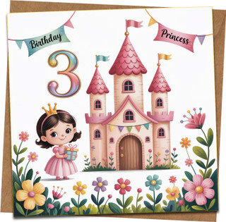 Princess 3rd Birthday Card for Girls, Cute Castle and Flowers, 145mm x 145mm Square Greeting Card with Kraft Envelope
