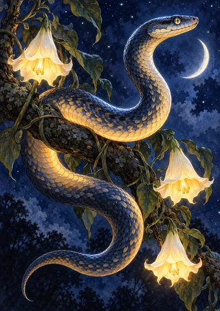 Blue-and-gold serpent coiling around a flowering vine with three glowing blooms beneath a crescent moon.
