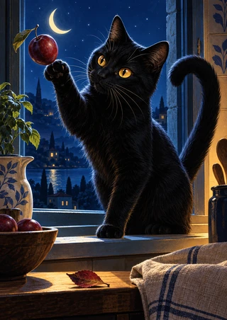 Black cat with amber eyes raising a paw toward red plums on a moonlit kitchen sill, with a crescent moon beyond the window.