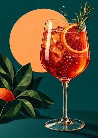 A stemmed glass filled with a red-orange drink, ice, and bubbles, garnished with an orange slice and rosemary against a deep teal background.
