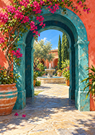 Turquoise arch opening onto a sunlit courtyard with a fountain, bougainvillea, striped pot and fallen petals.