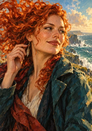 Copper-haired woman in a teal jacket lifting a dangling earring beside waves and cliffs.