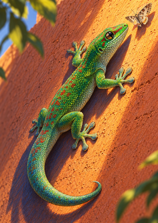 Green, red-speckled gecko clinging diagonally to a sunlit terracotta wall as it reaches toward a pale moth.