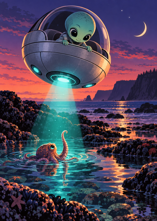 Green alien in a silver pod shines a turquoise beam on an octopus in a rocky tide pool beneath a crescent moon.