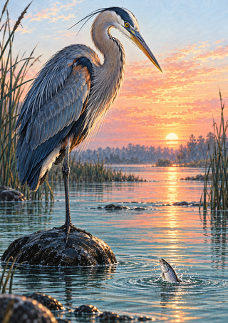 Blue-gray heron with a russet shoulder on a dark rock beside a fish breaking marsh water at sunrise.