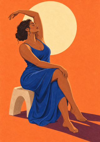 Adult woman in a cobalt-blue draped garment stretching overhead while seated on a pale stool against an orange field and cream sun.