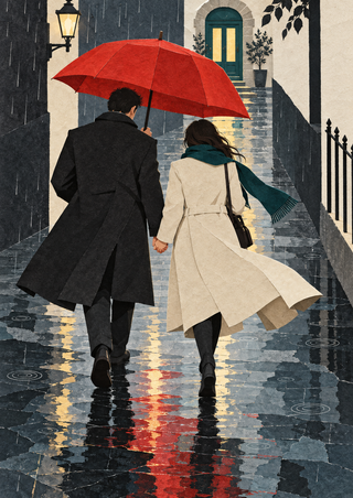 Two figures walk away together beneath a large red umbrella on a wet street, with a teal doorway and streetlamp behind them.