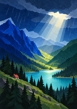 Geometric mountain landscape with cobalt and green ridges framing a turquoise lake, sunbeams through storm clouds, and a small red-roofed cabin.