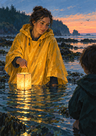 A woman in a saffron-yellow cape holds a glowing lantern above tidal water at dusk as a dark figure stands at the right edge.