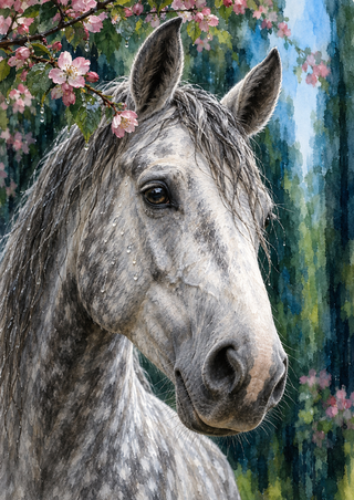Close portrait of a gray-white horse with wet-looking mane and raindrops beneath pink blossoms against green and blue foliage.