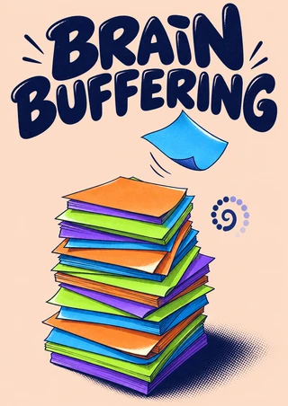 Brain Buffering poster with a colorful uneven sticky-note stack, floating blue note, dotted loading spiral, and bold indigo lettering on peach.