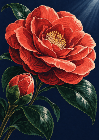 Large coral-red camellia with yellow stamens, a smaller closed bud, and dark green leaves against a midnight navy background.