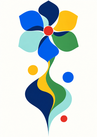 A six-lobed multicolor flower with a red center sits above a long twisting stem-like shape, with three detached circles on warm white.