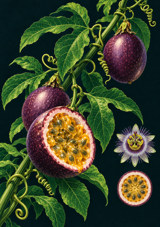 A passionfruit vine with whole purple fruits and a split fruit showing golden seeds, surrounded by lobed leaves, tendrils, a flower, and a cross-section.