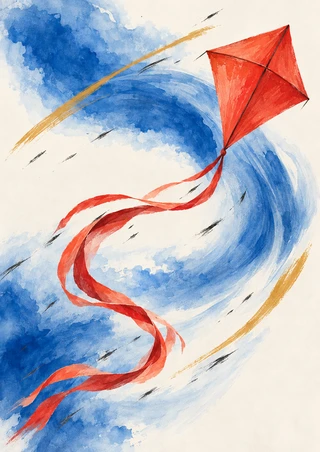 Red-orange diamond kite with a long curling ribbon tail against a cobalt-blue wash, ochre strokes, and charcoal flecks.