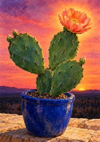 Flowering prickly pear cactus with a coral bloom in a glossy ultramarine-blue pot on a stone ledge at sunset.