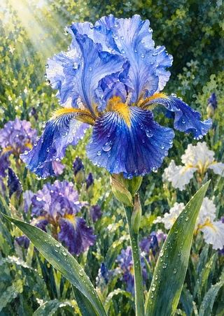 A large blue-violet iris beaded with water droplets rises above long leaves and smaller purple and white flowers.