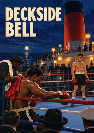 Two boxers in a shipboard ring at night, with an attendant holding a red towel, spectators, a large funnel and the title Deckside Bell.