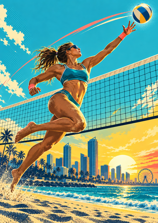 Adult woman leaping toward a volleyball beside a net, with a coastal skyline, sunset, ocean and Ferris wheel behind her.