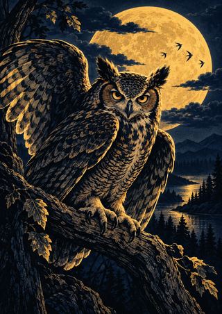 Ear-tufted owl with partly open wings perched on a branch before an amber moon, with a forest, lake, and small birds behind it.