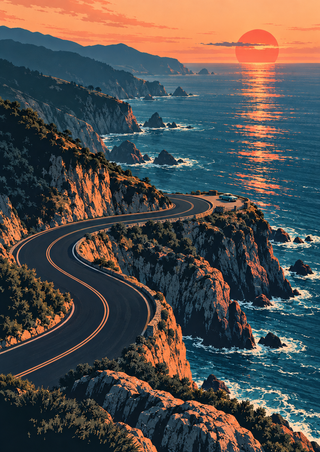 S-curving coastal road along rocky cliffs above the sea, leading to a lookout with a small parked car beneath a coral sunset.