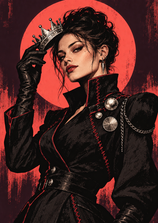 Punk-styled woman in a black jacket with red stitching, chains, and metallic pins lifting a silver crown before a coral halo.