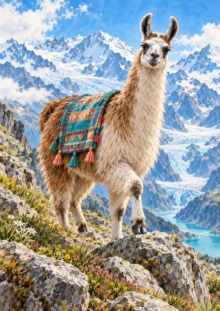 Cream-and-brown llama wearing a turquoise, coral and orange woven blanket on rocky alpine ground, with flowers and snowy mountains behind it.