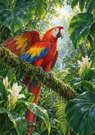 Scarlet macaw with a wide-spread wing perched on a moss-covered branch among tropical leaves and white blossoms beneath a bright canopy opening.