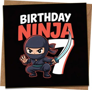 7th Birthday Ninja Card for Boys – 145mm x 145mm Square Kids Greeting Card with Kraft Envelope, Cute Ninja Design, Funny Birthday Card for Son, Grandson, Nephew