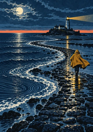 A mustard-caped walker crosses reflective rocky shallows toward a lighthouse beneath a full moon.