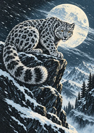 Snow leopard crouching on a snowy rocky ledge beneath a large pale moon, with a curled ringed tail and pine silhouettes.