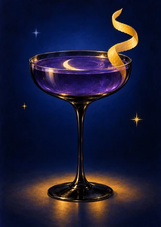 Black coupe glass with a violet cocktail, crescent-shaped surface highlight, curled golden peel and three small sparkles on a dark blue ground.